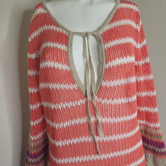 Tommy Bahama Medium Knit Top women stretch keyhole drawstring tie sheer linen - Picture 6 of 11